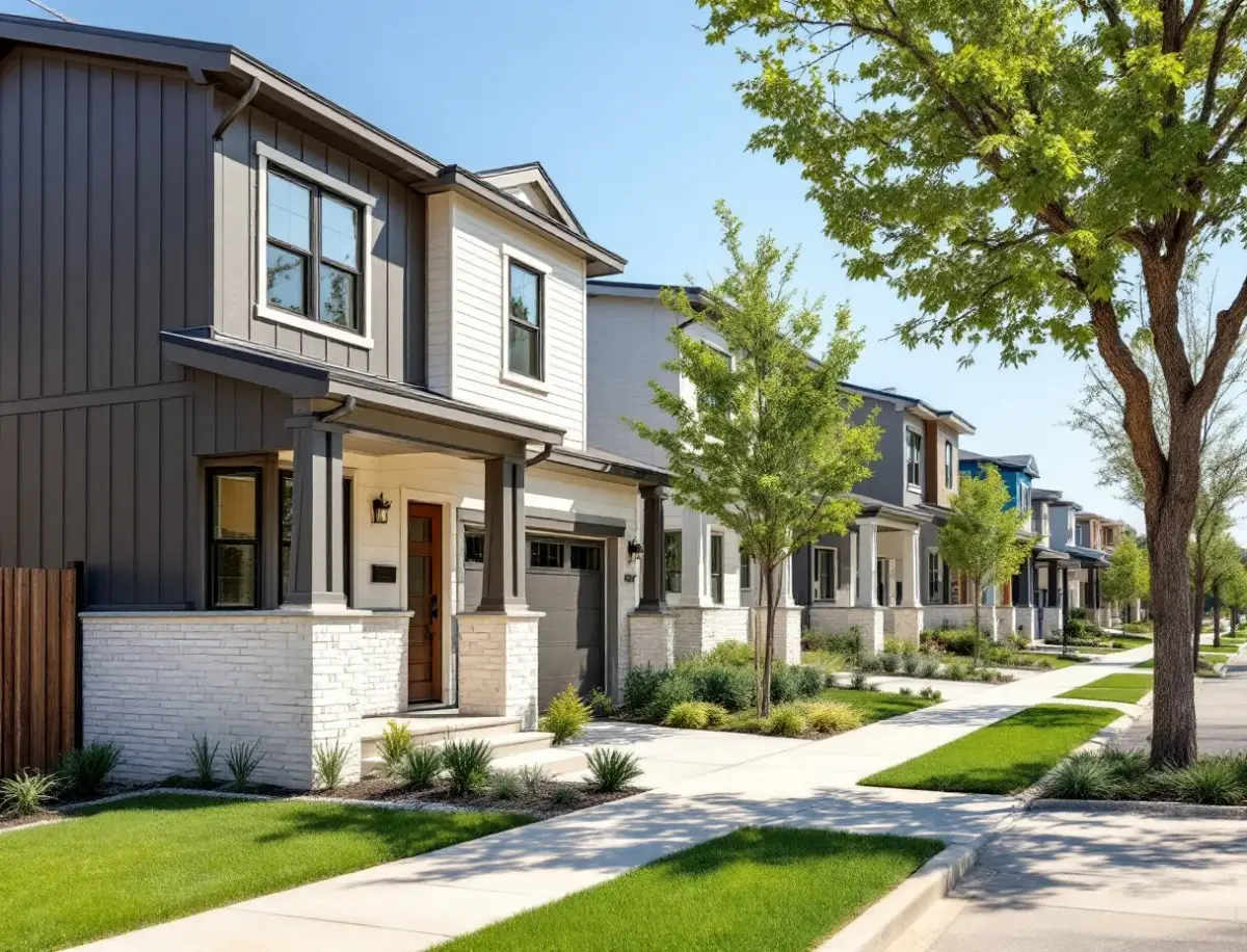 Craftsman-style new homes with front porches facing a neighborhood green, a community pond and young shade trees beyond