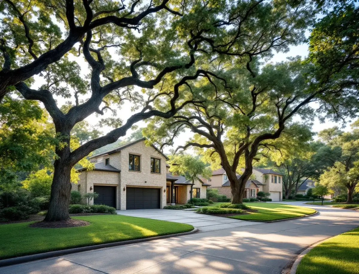 A limestone 1980s two-story under mature live oaks on a curving street that drops toward a wooded canyon