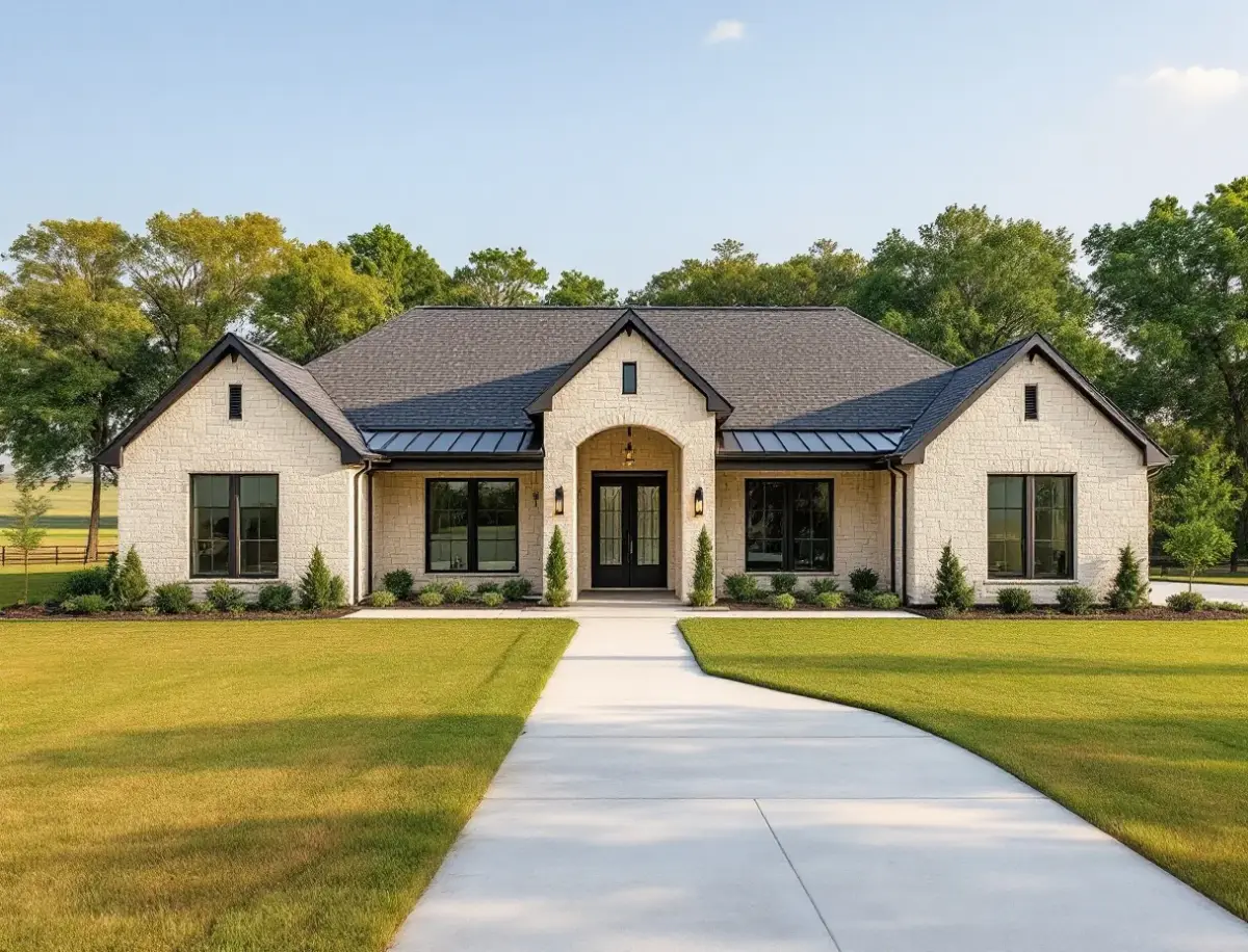 Single-story stone-and-stucco custom home behind an iron fence on a flat acre lot, wide sky and open country at dusk