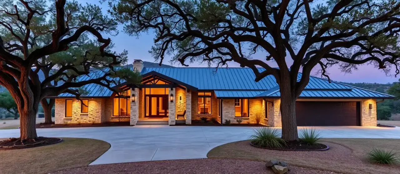 Modern Texas limestone home at dusk, shaded by mature live oaks in the Hill Country