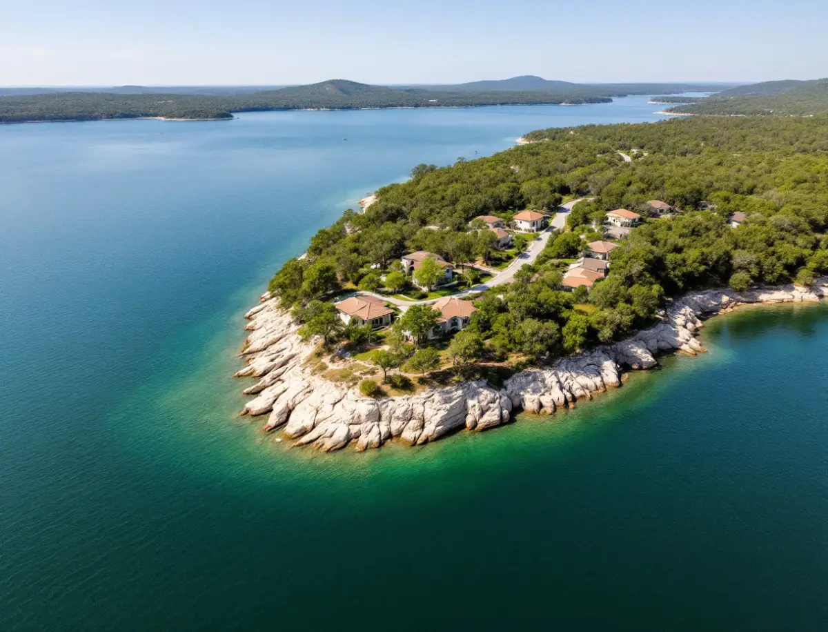 Hillside stone-and-stucco home overlooking a lake cove through juniper and oak
