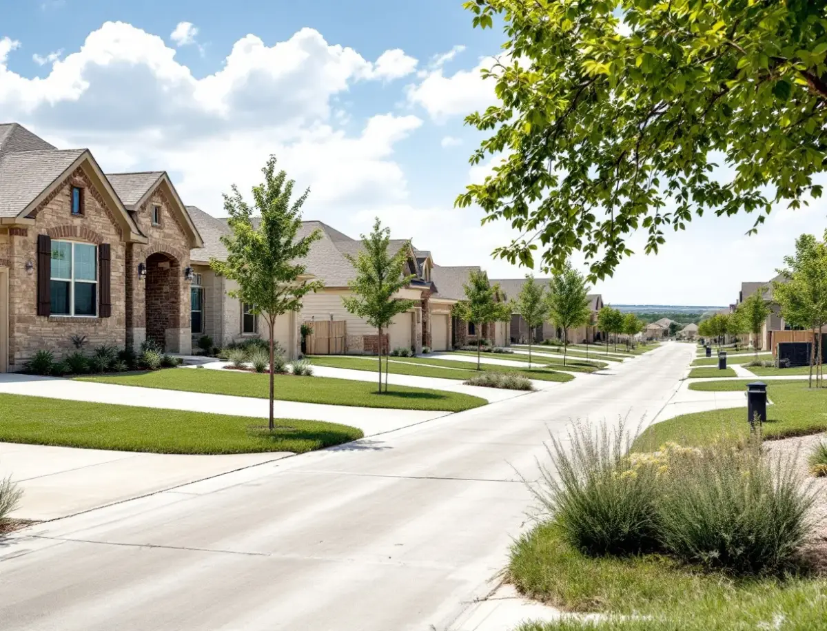 A street of new one- and two-story production homes close together on modest lots with newly sodded lawns, sapling trees, and plain concrete driveways