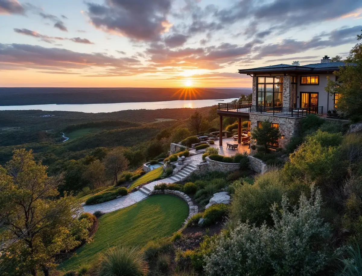 Stucco and stone hill country home overlooking Lake Travis at golden hour