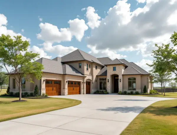 New stone-and-siding ranch-style home on a wide lot with open Texas sky and young oak trees