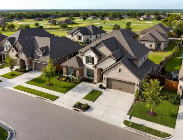 Modern farmhouse-style new home with solar panels on a sunny street in a young master-planned community