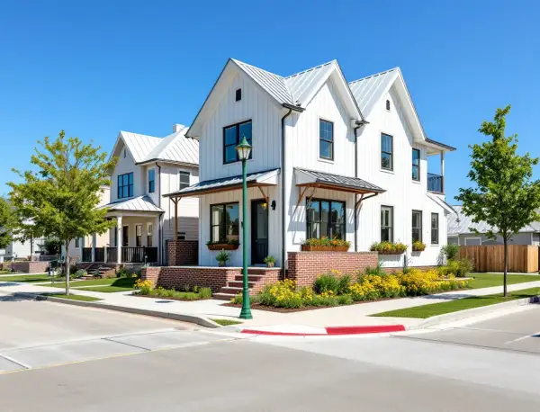 Colorful row homes with deep front porches facing a green courtyard under young shade trees