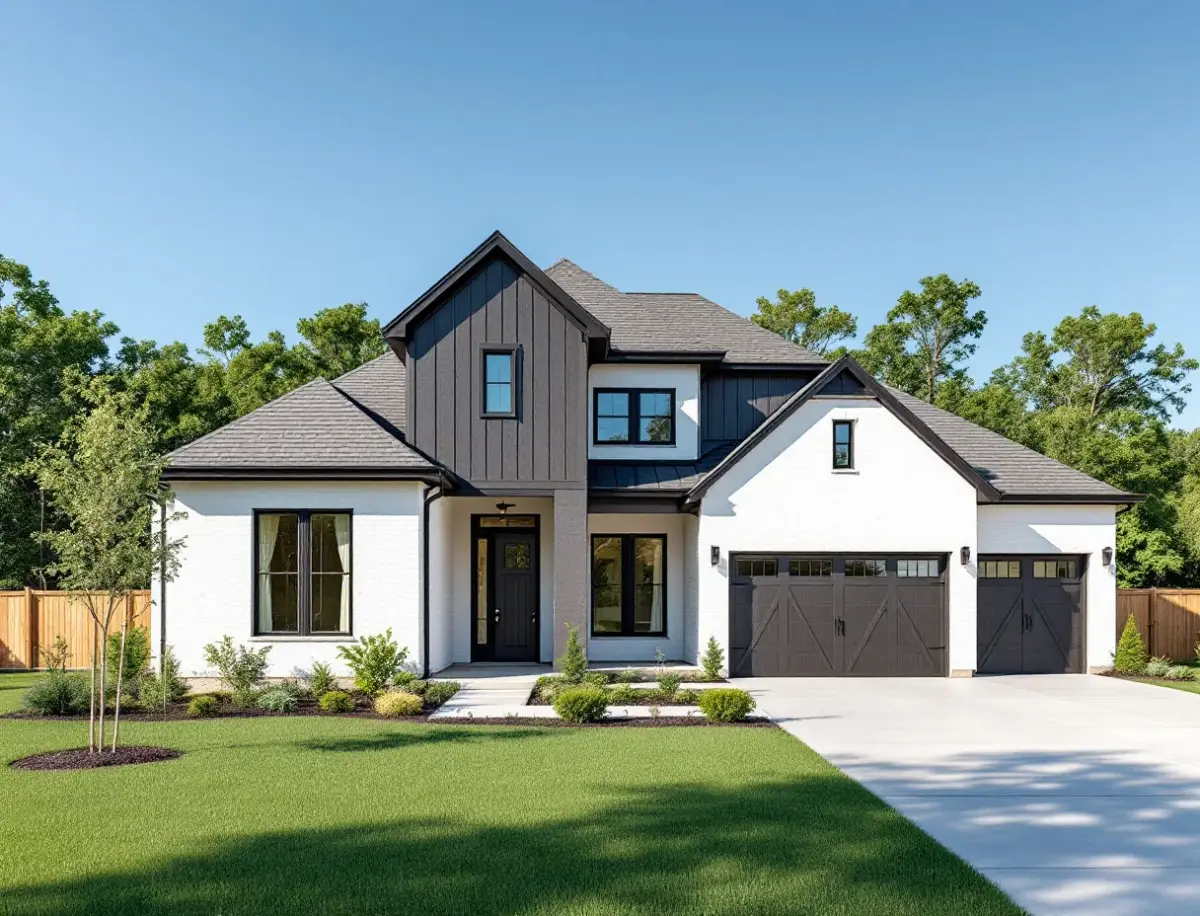 Newly built modern farmhouse with board-and-batten siding and a standing-seam metal roof under a big Texas sky