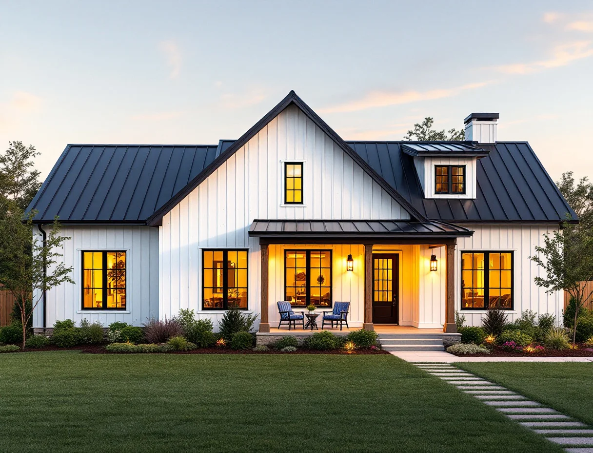 New modern farmhouse under a wide Texas sky, board-and-batten siding and standing-seam metal roof