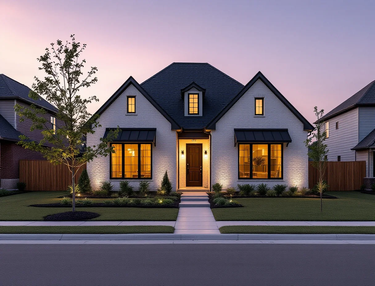 New one- and two-story homes on modest lots along a straight sidewalk street, young trees and a community pond in the distance