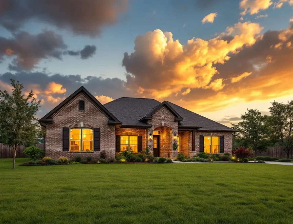 Brick two-story suburban home with a shade tree in the front yard on a quiet residential street