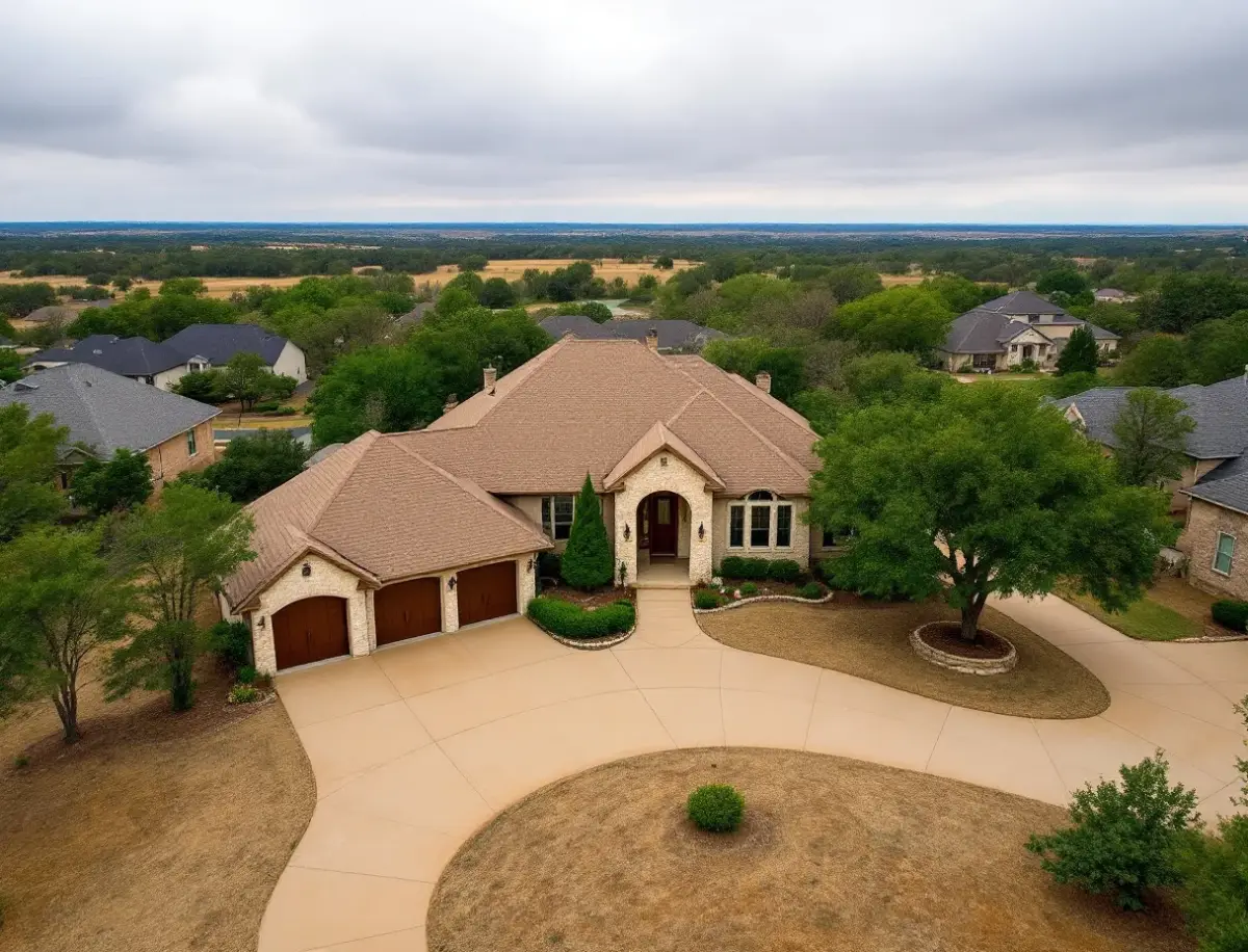 A limestone custom home set far back from the road on a native-grass acre lot with wide sky and distant live oaks