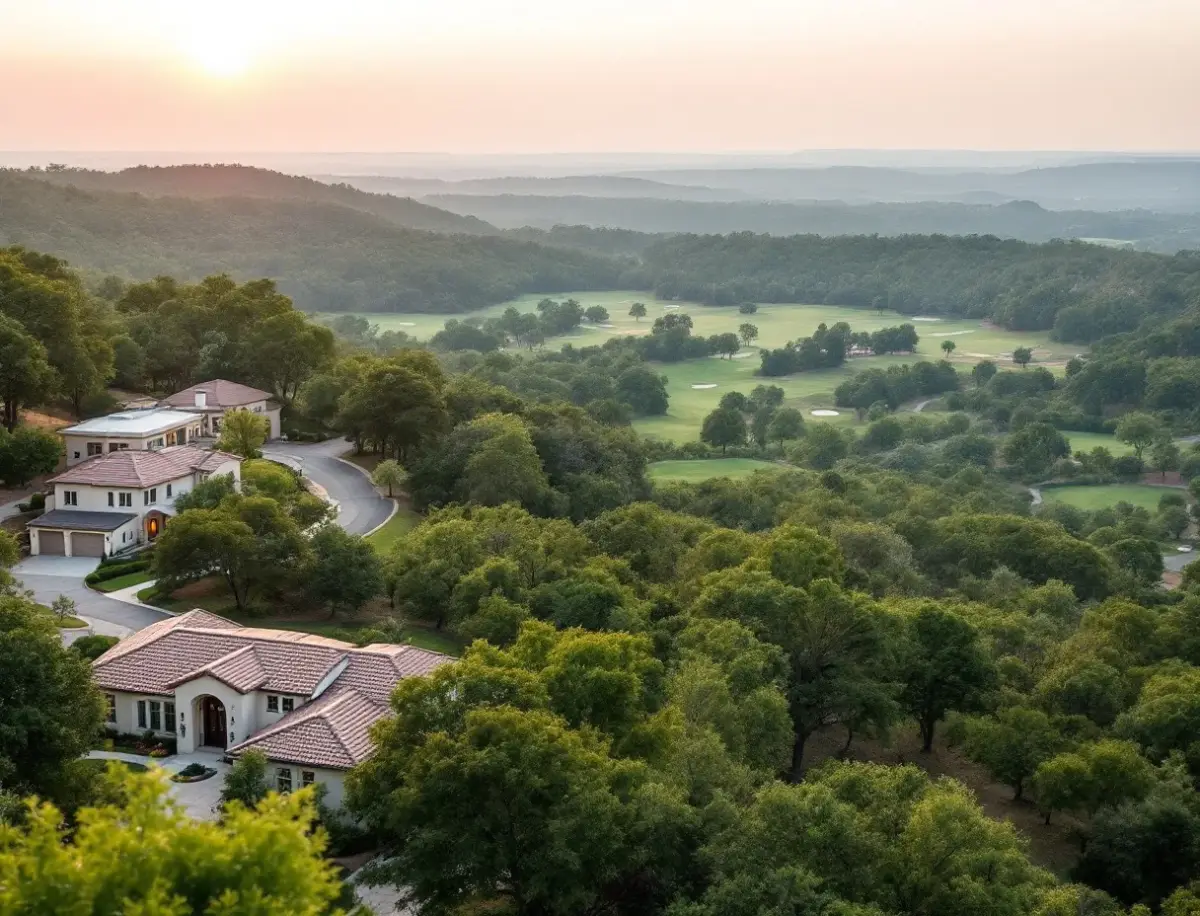 A limestone-and-stucco two-story on a manicured golf-course street with canyon ridgelines rising behind