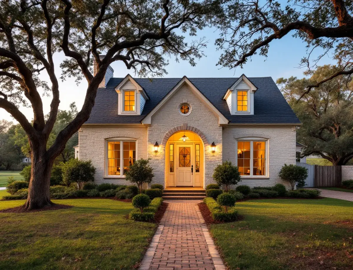 White 1930s cottage with green shutters and a small front porch under mature live oaks on a narrow central Austin lot