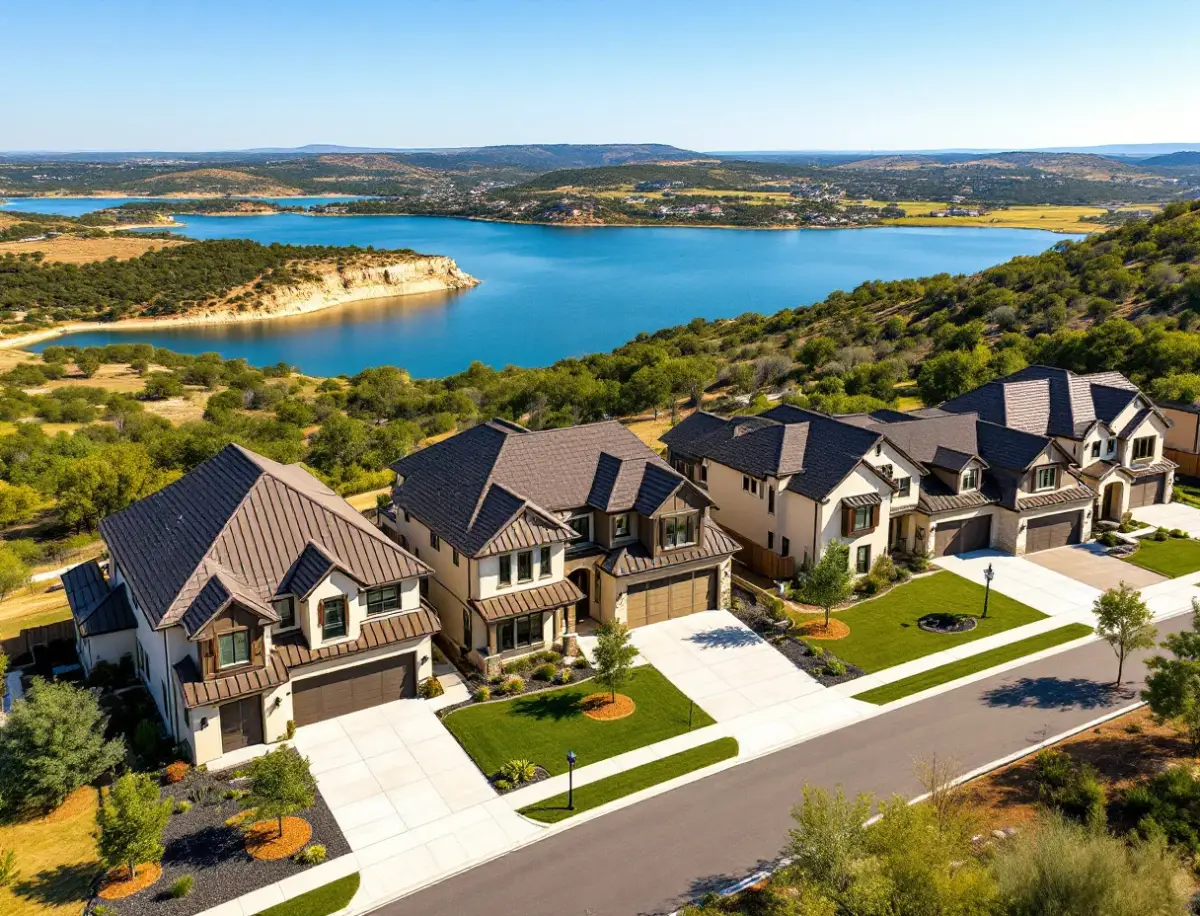 Stone and stucco homes stepping down a hillside street toward a Lake Travis cove with marina slips in the distance at golden hour