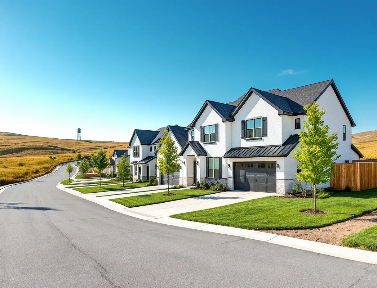 New stone-and-siding homes on modest lots along a curving sidewalk street, young oaks and a hilltop amenity tower in the distance