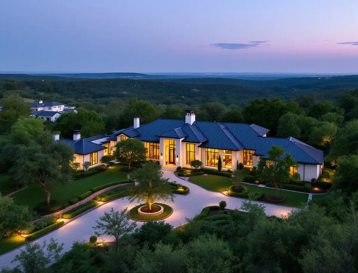 A white stucco and glass contemporary home on a sloped Hill Country lot at dusk, warm interior light and native landscaping