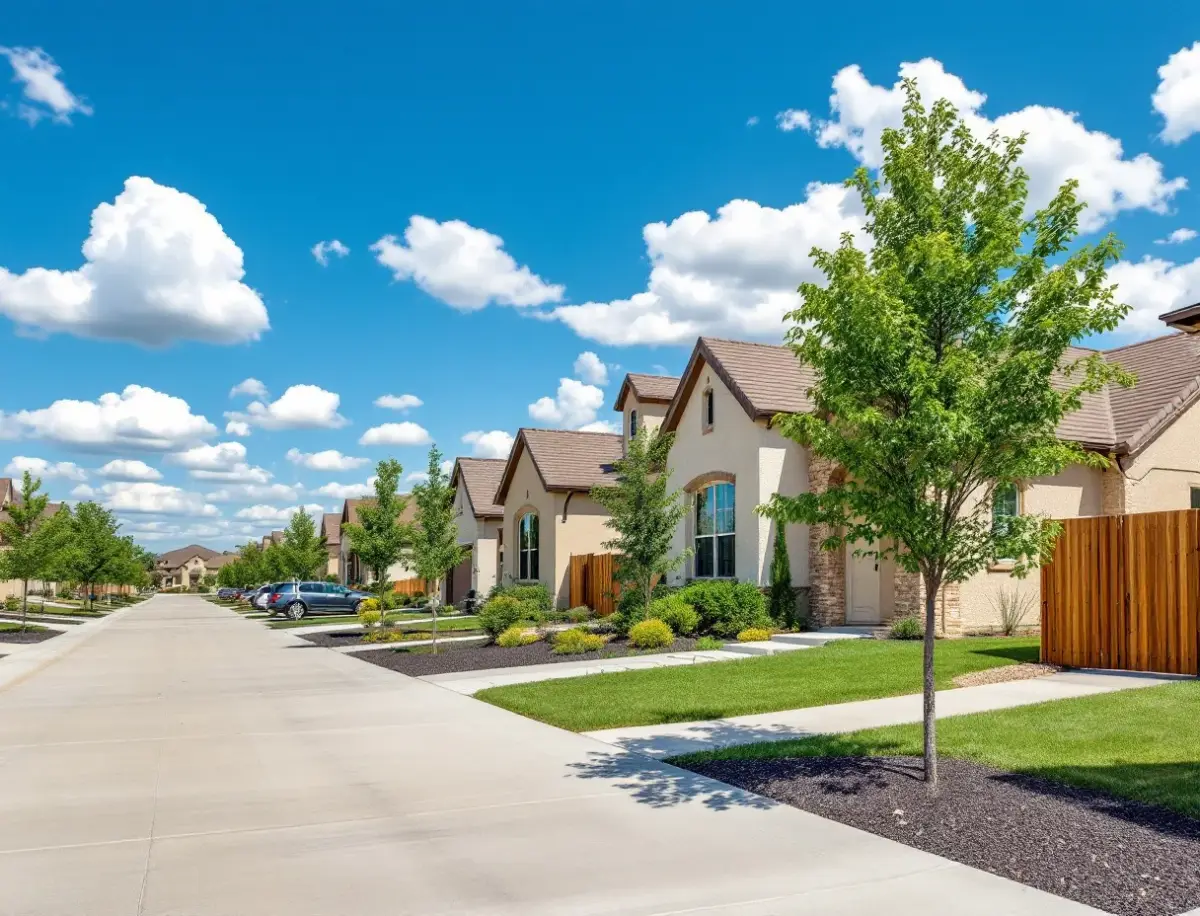 New homes on modest lots along a curving sidewalk street beside a golf fairway, young trees in the foreground