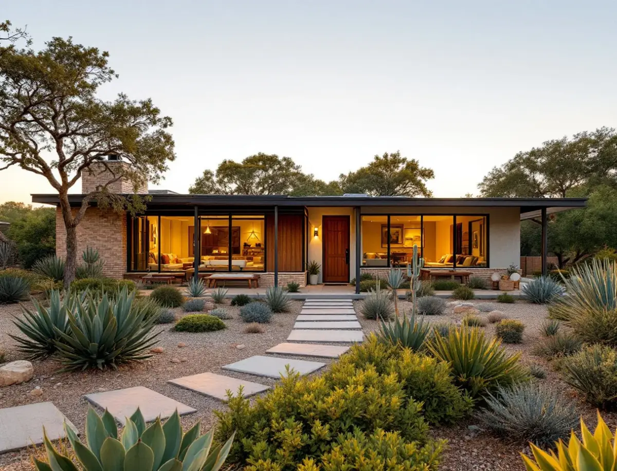 Low-slung 1950s ranch home with a wide carport and live oaks on a quiet street behind a busy Austin corridor