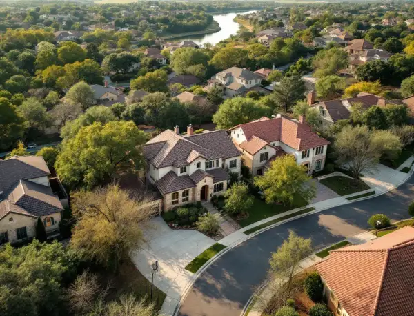 A stone and stucco two-story home on a canyon-edge lot with Hill Country ridgelines behind it