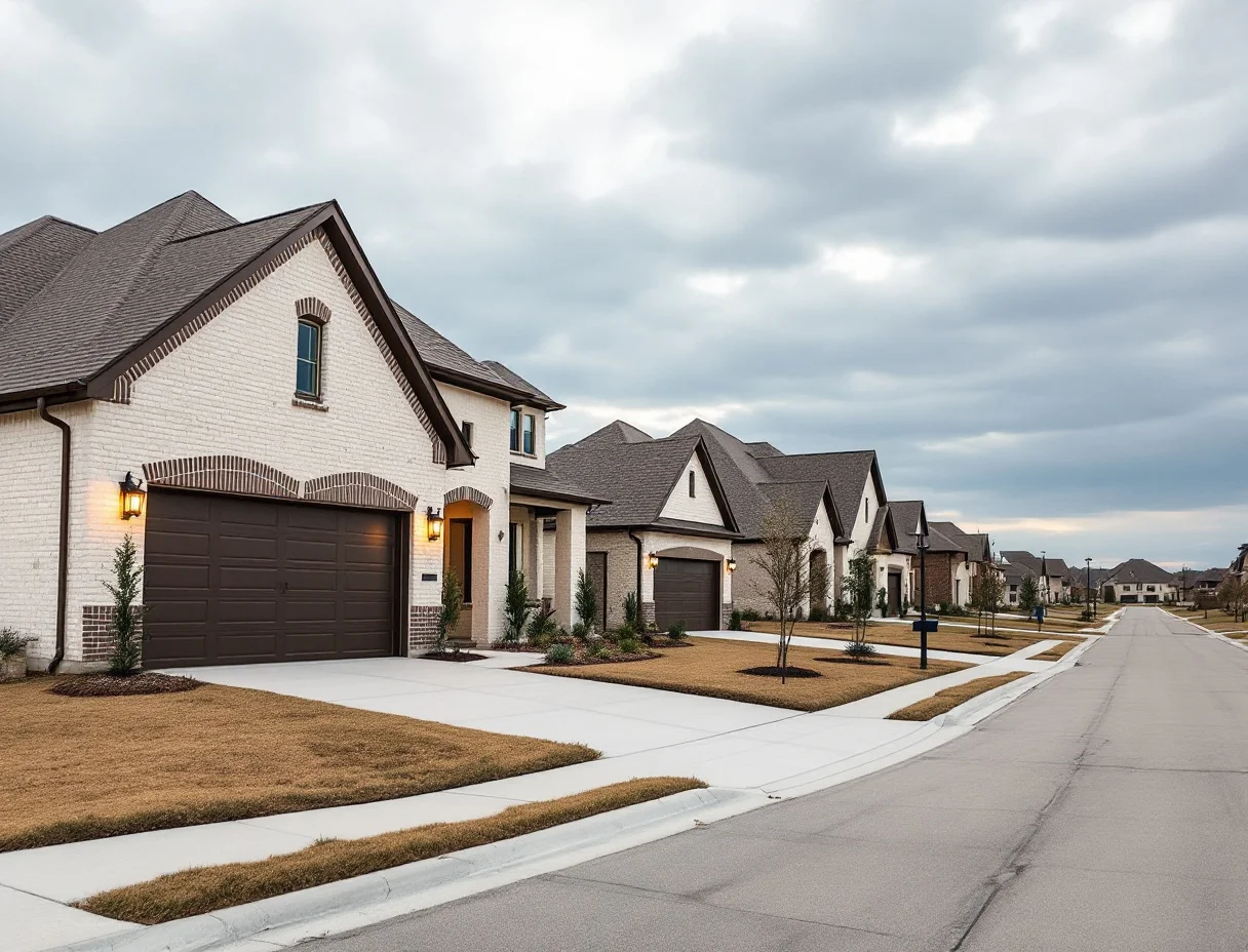 New one- and two-story homes with covered porches along a landscaped community trail, a splash-pad amenity pavilion in the distance