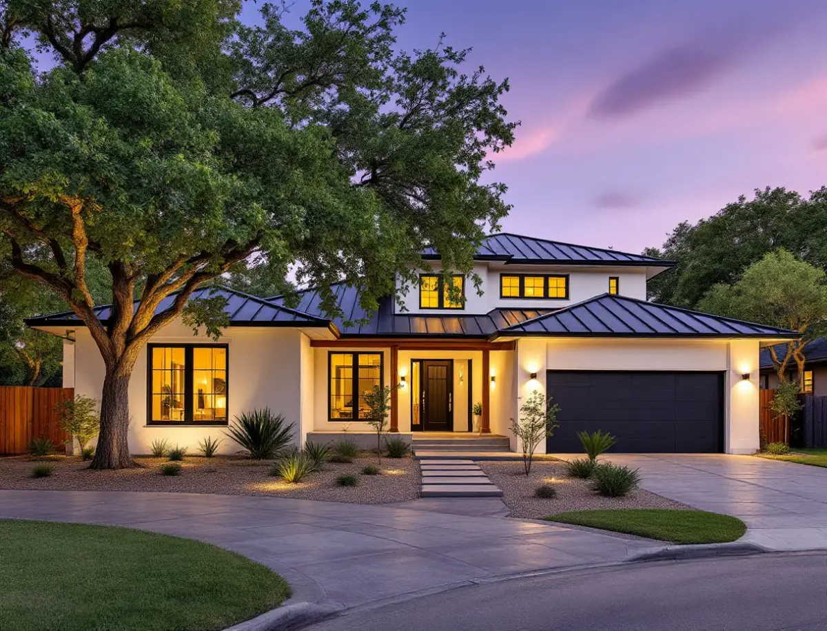 A single-story limestone ranch home on a wide acre lot with live oaks and open sky