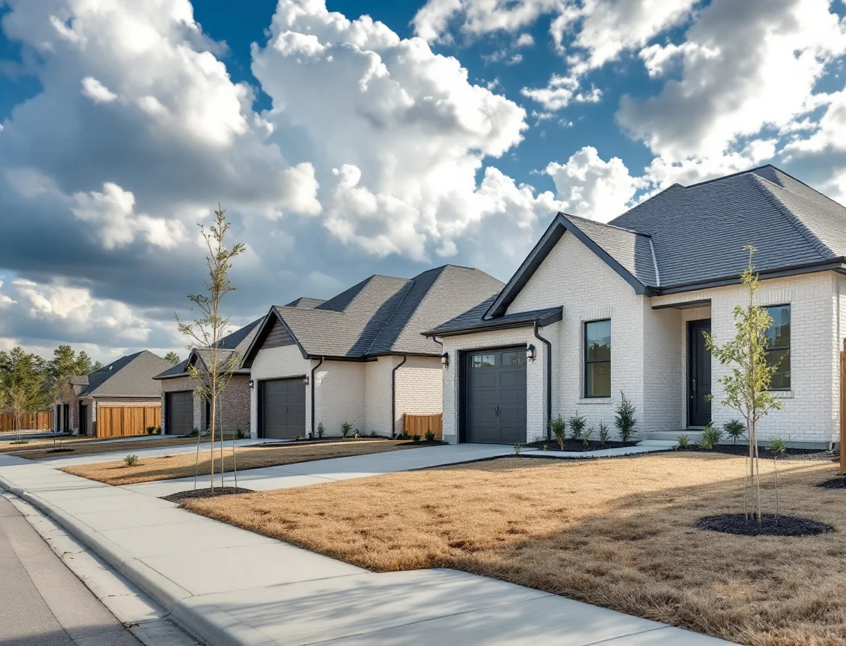 New homes on modest wooded lots beneath tall loblolly pines, sidewalks and young landscaping along a curving street