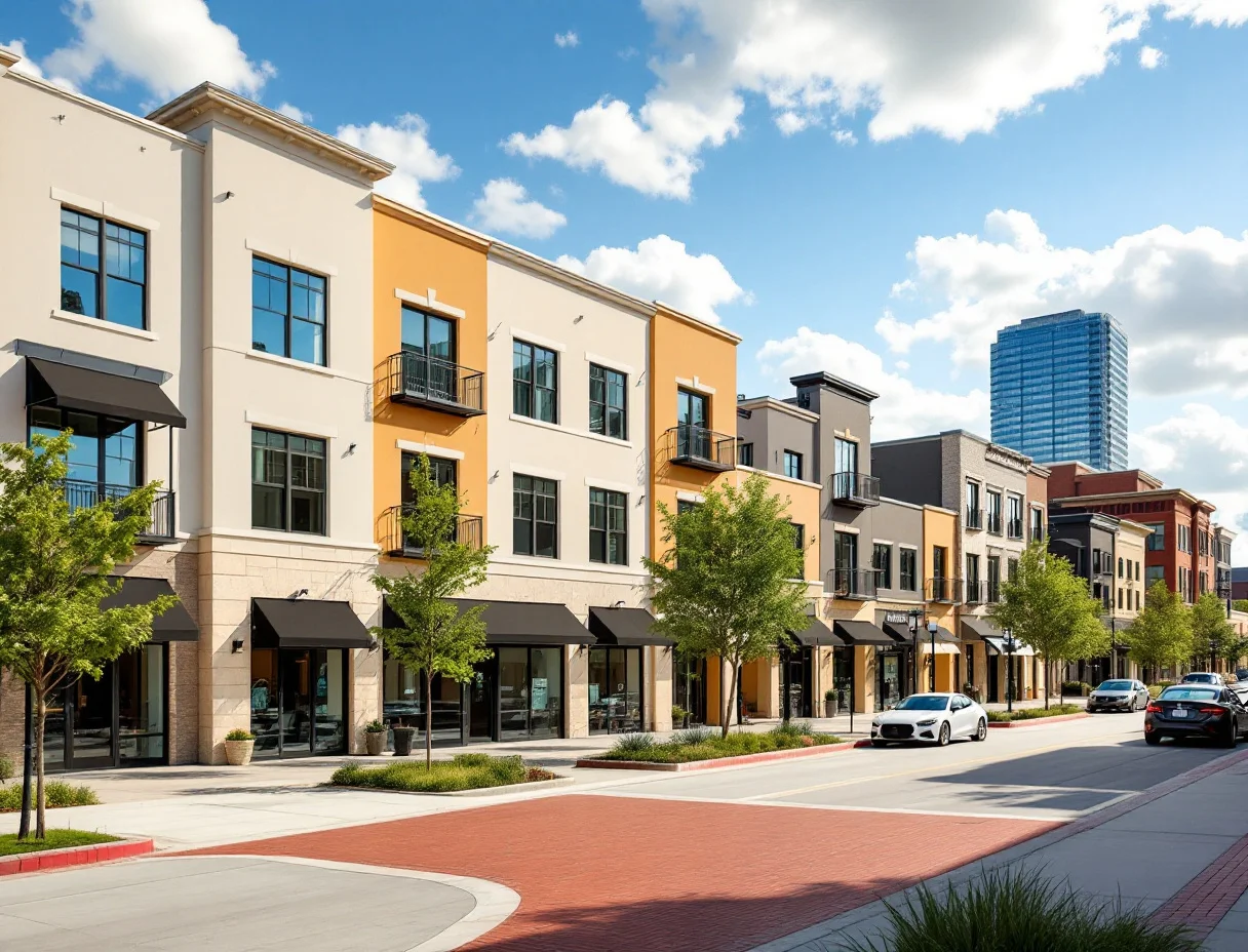 Modern glass mid-rise condos above a tree-lined retail street with patio cafes in North Austin