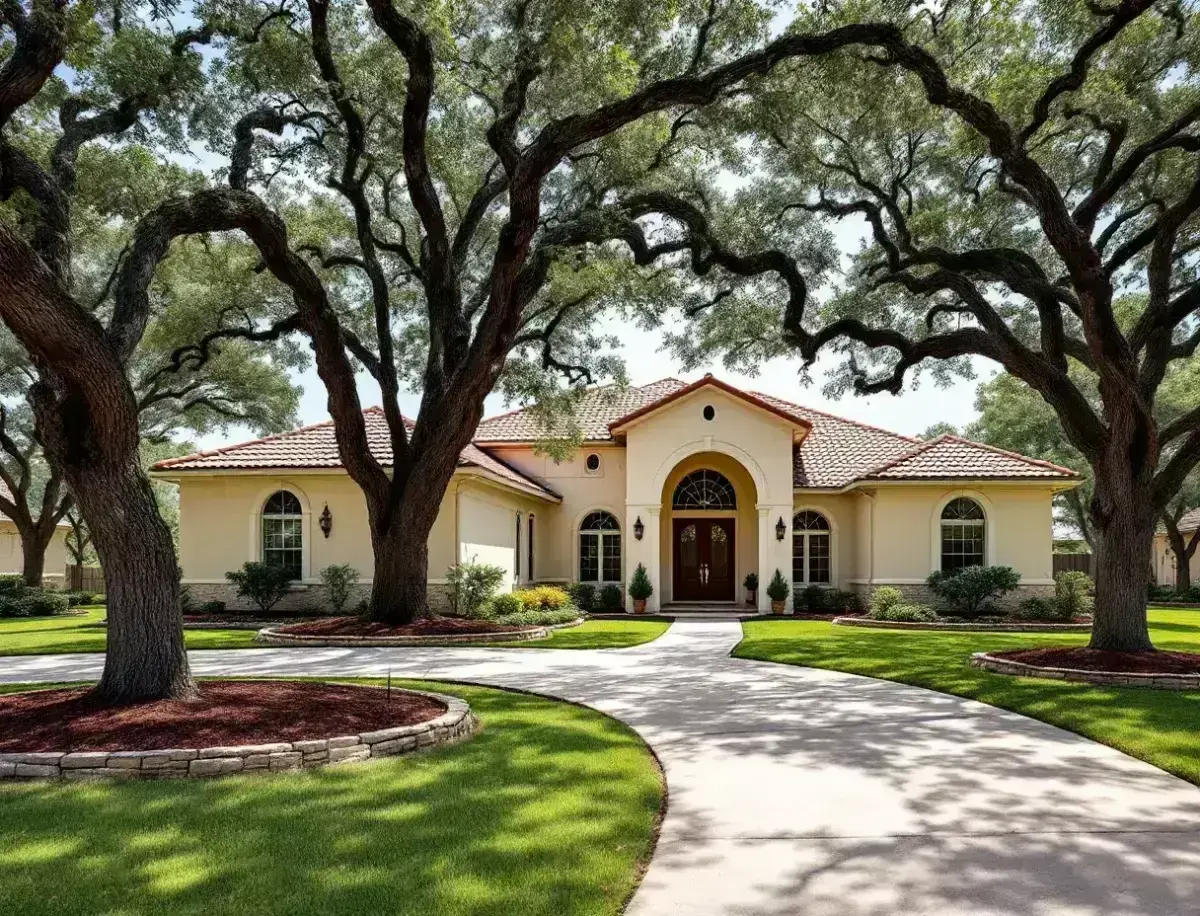 A stately stone home behind mature live oaks along a manicured fairway street, golf course green visible beyond