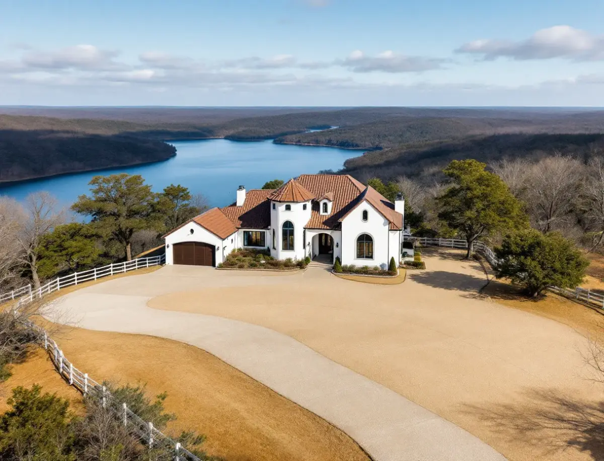 A hillside home with a deep deck overlooking a Lake Travis cove through cedar and oak, boats moored below