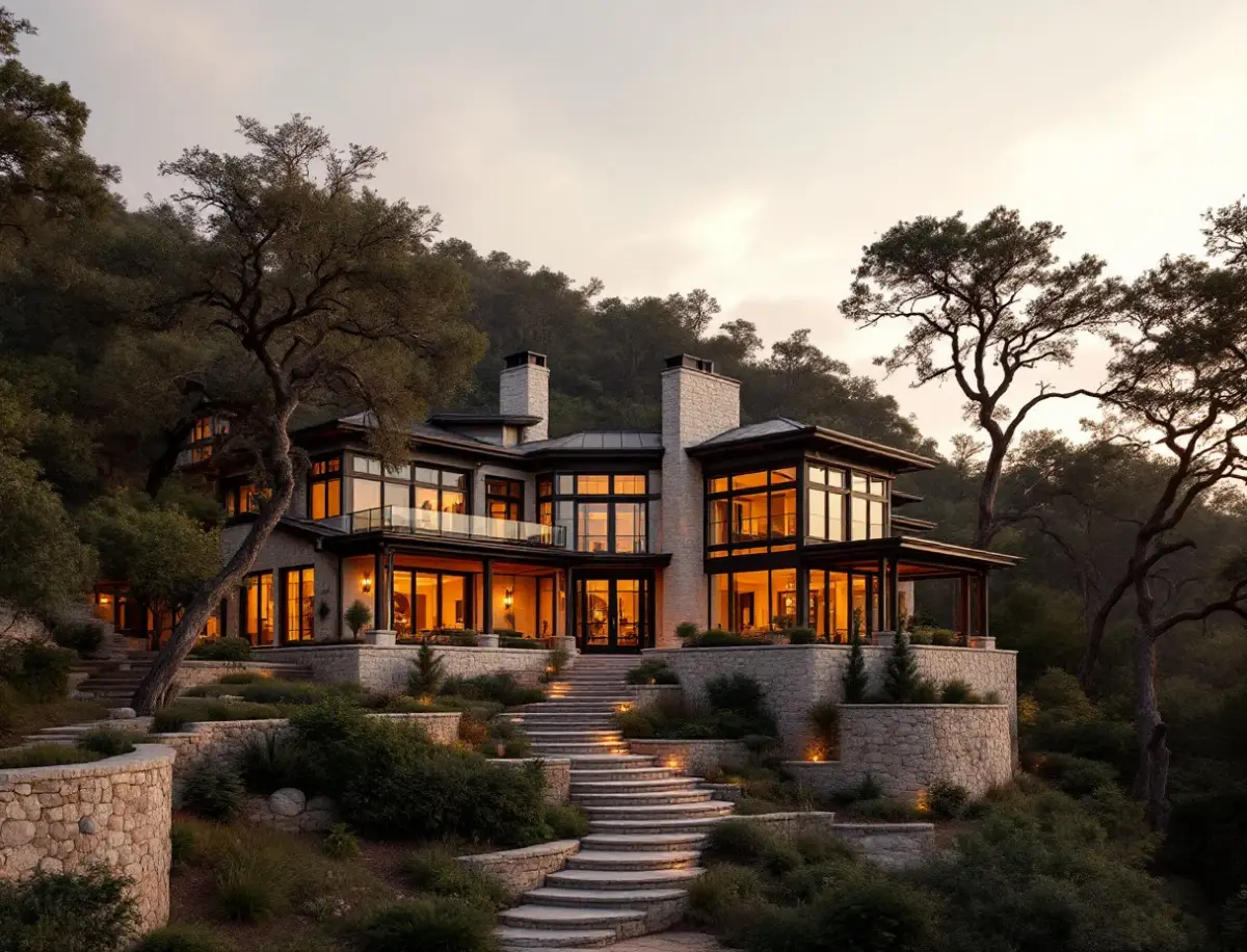 Limestone and glass hill country home shaded by mature live oaks on a sloping wooded lot