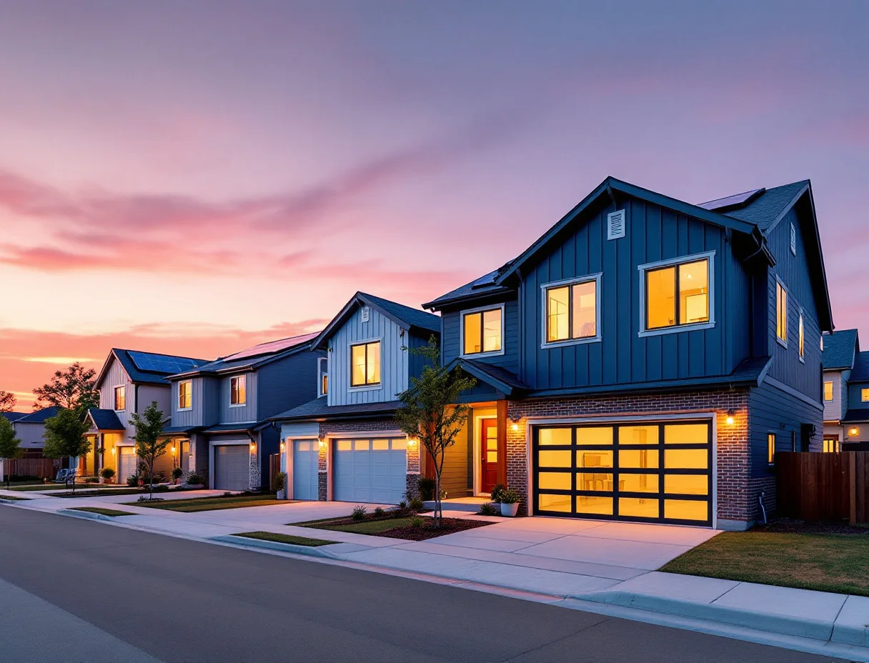 New homes with rooftop solar panels on modest lots along a sidewalk street, young trees and open prairie beyond