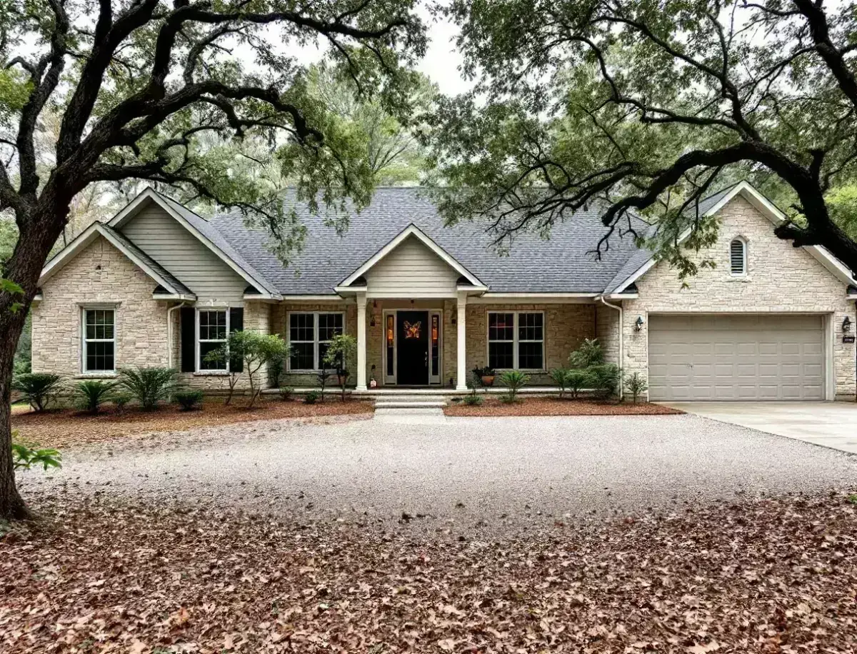 Limestone ranch-style home on oak-shaded acreage with a metal roof and long gravel drive