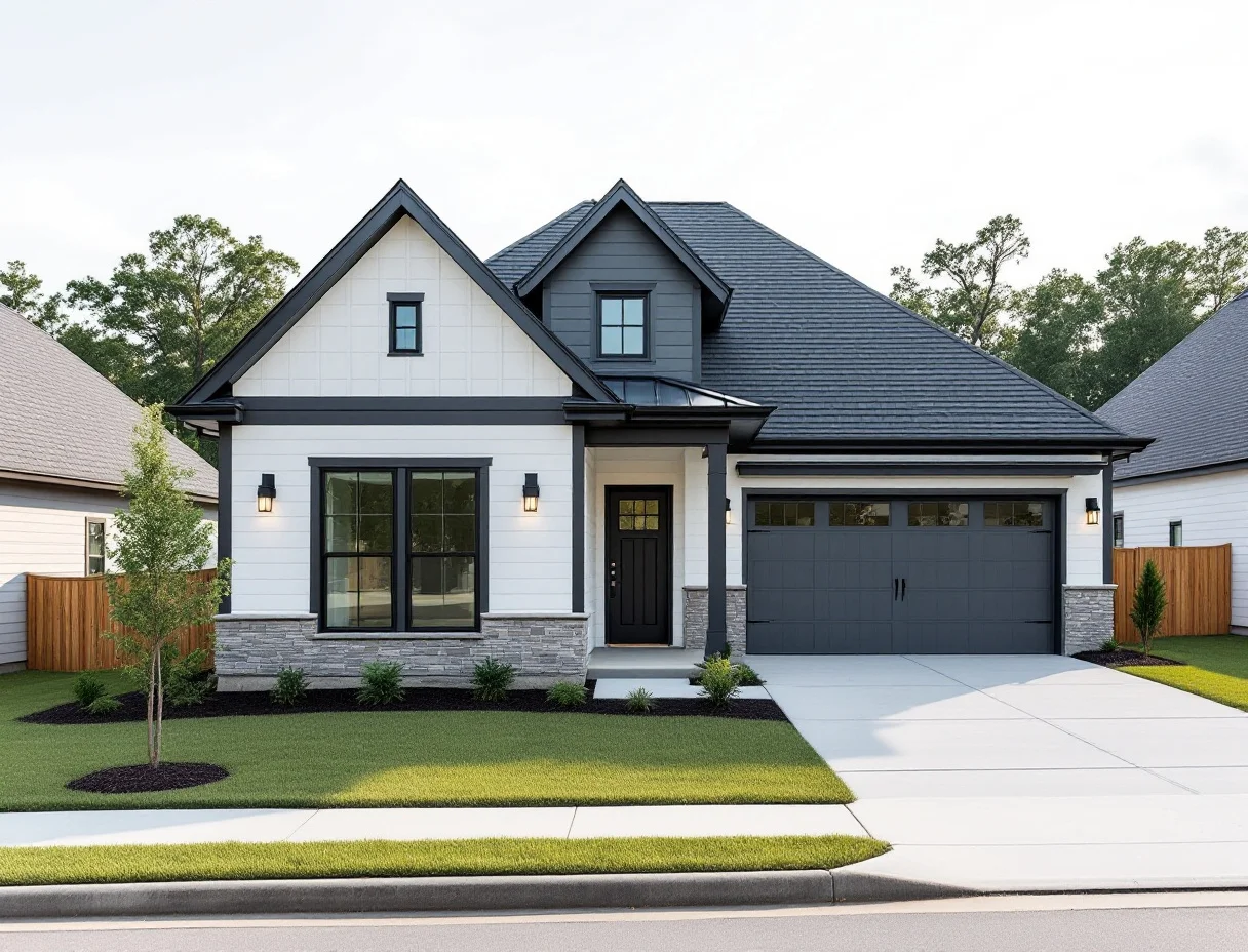 Curving street of new two-story stone-and-siding homes above a greenbelt at golden hour, young oaks along the sidewalk